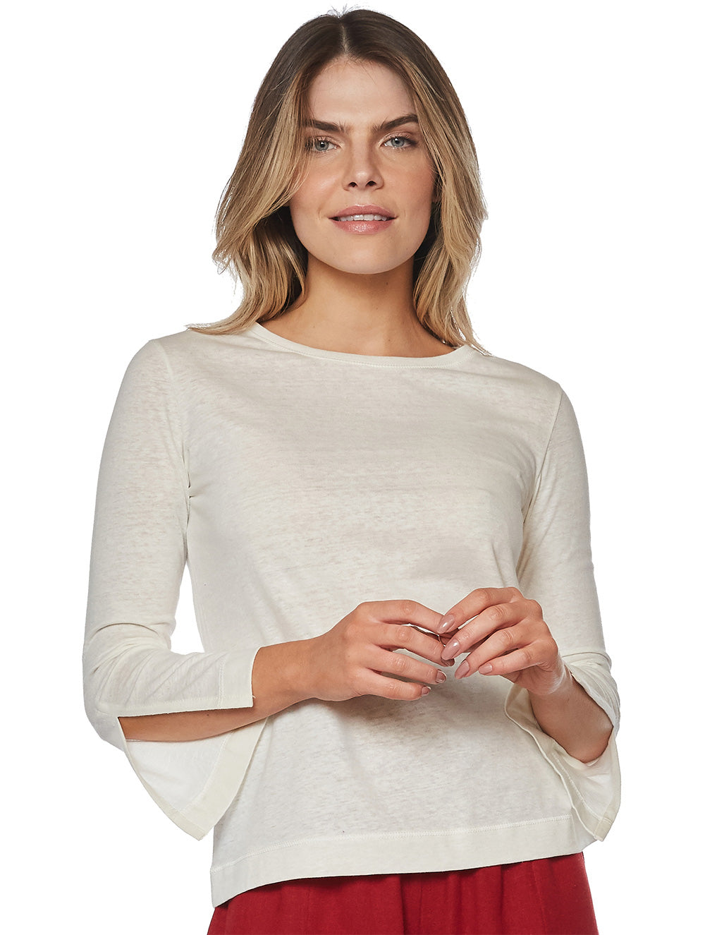 Solid-Color Long-Sleeved T-shirt with Slits